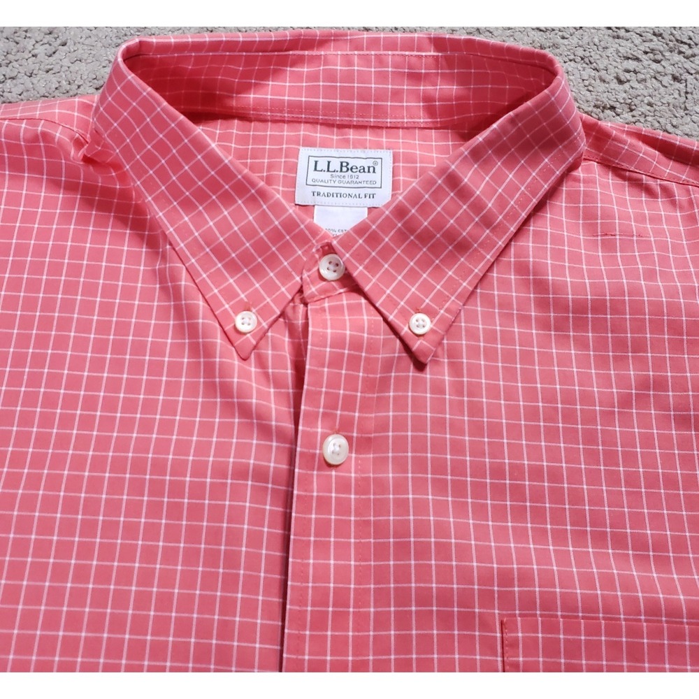 LL Bean Shirt Mens XXL Coral White Check Kennebunk Camp Traditional Fit‎ Outdoor
